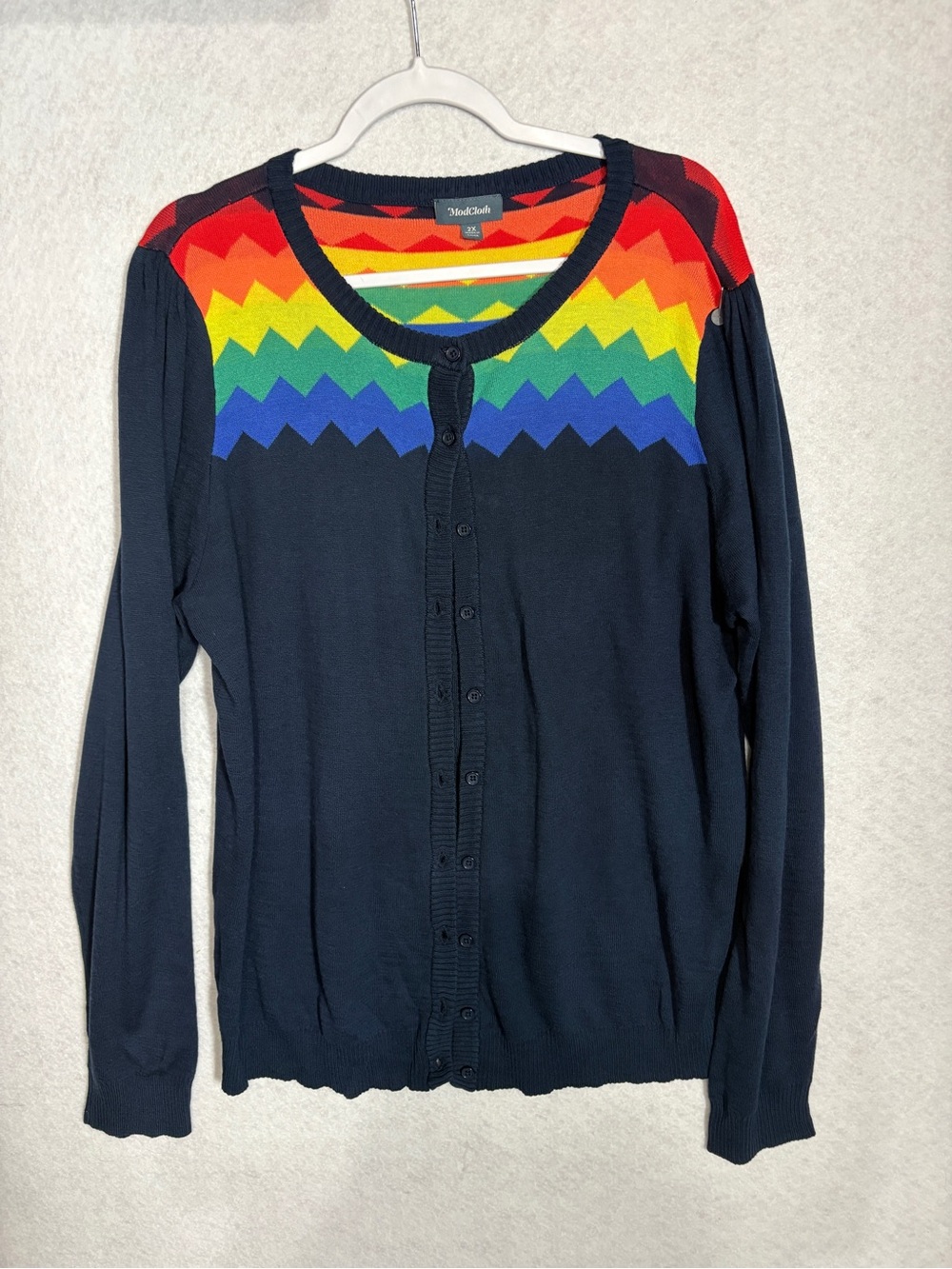ModCloth Navy Cardigan with Rainbow Chevron Yoke